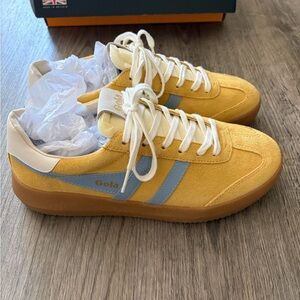 Gola Athena Yellow Suede Classic Trainer with Blue Stripes